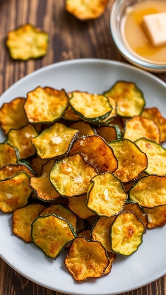 Crispy Zucchini Chips Recipe A plate of crispy zucchini chips with Parmesan cheese on a rustic table.